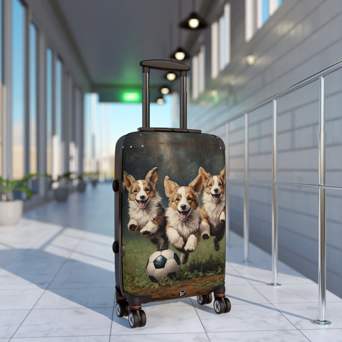 Corgi Puppies Pouncing On The Pitch Suitcases – Soccer Theme Corgi Rolling Luggage
