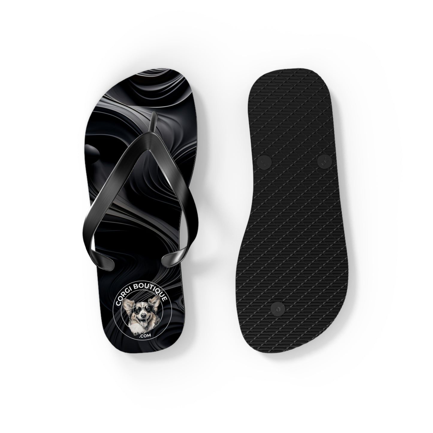 Corgi Boutique Black Swirl Flip Flops with our Custom Logo — Stylish Beach & Pool Sandals