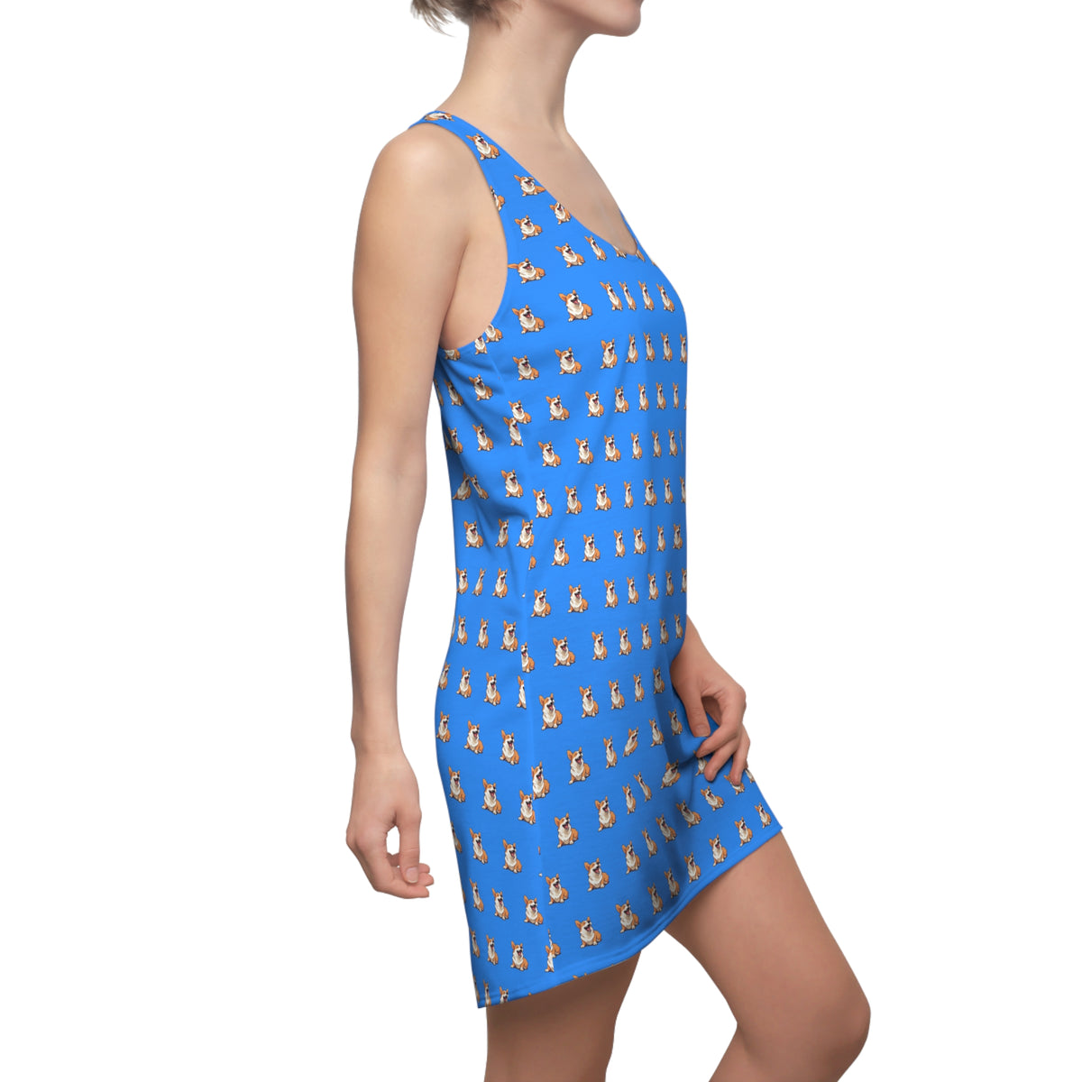 Comical Corgi All Smiles Repeater Pattern Racerback Sundress - Blue Casual Corgi Dress