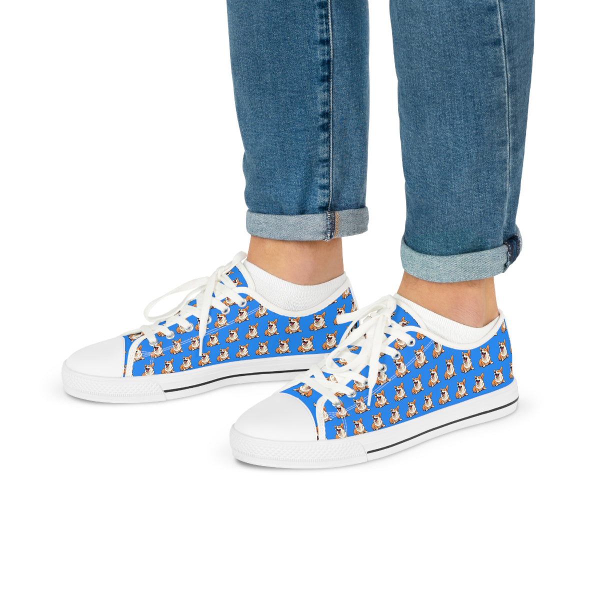 Comical Corgi All Smiles Repeater Pattern Men’s Low-Top Casual Blue Canvas Sneakers