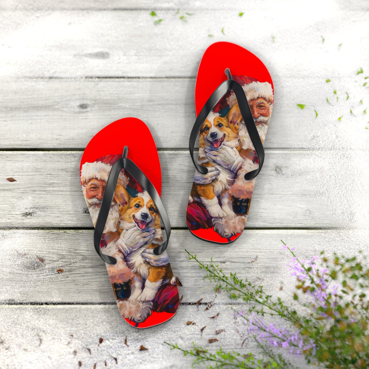 Christmas Corgi on Santa's Lap Custom Artistic Unisex Flip Flops – Festive Holiday Sandals