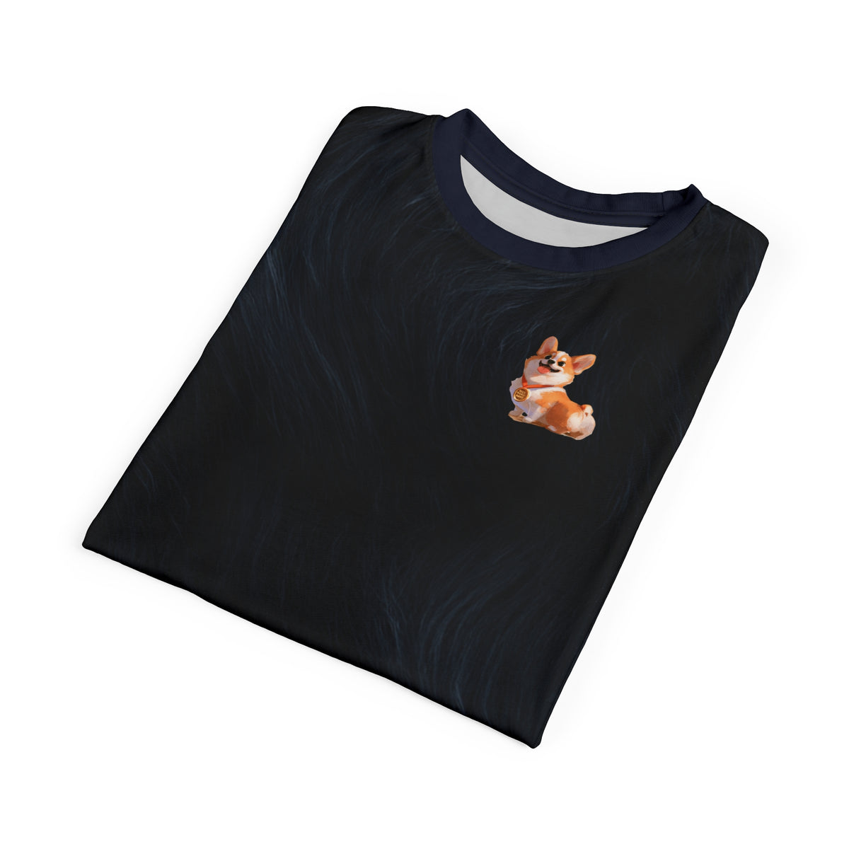 Gold Medal Momo Unisex Bold Designer Tee - Corgi Honor on Monarch Navy with Flowing Fur-Effect