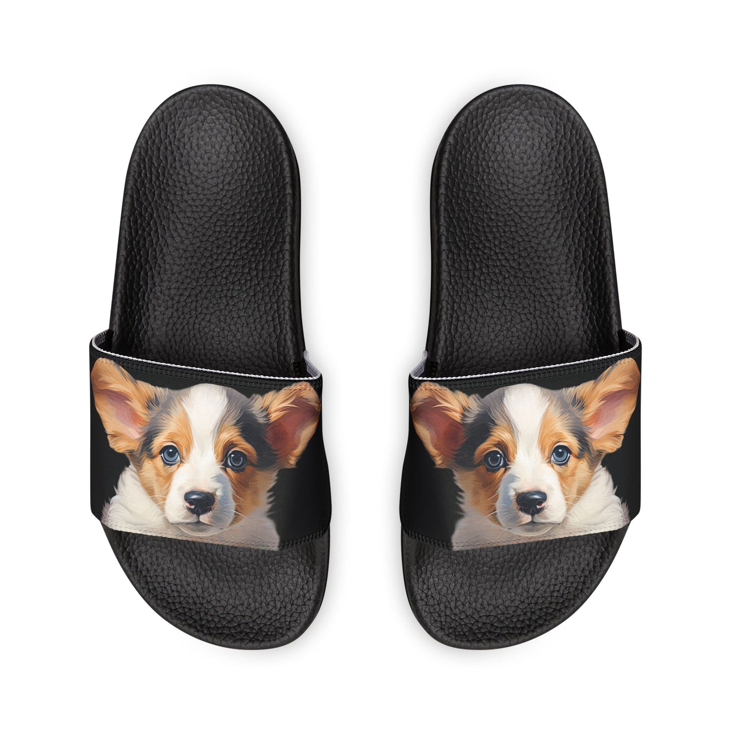 Puppy Dog Eyes Corgi Portrait Men's Black Slide Sandals - Casual Pool & Beach Slides