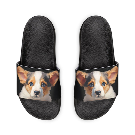 Puppy Dog Eyes Corgi Portrait Men's Black Slide Sandals - Casual Pool & Beach Slides