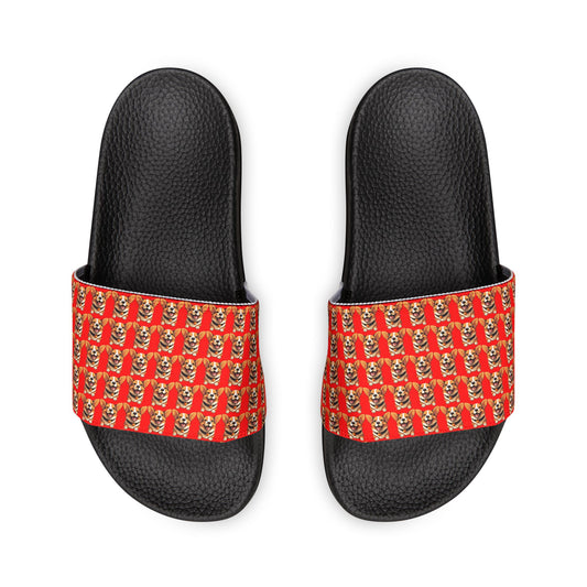 Puppy Love Smiling Corgi Mosaic Women's Casual Red & Black Slide Sandals - Pool & Beach Slides