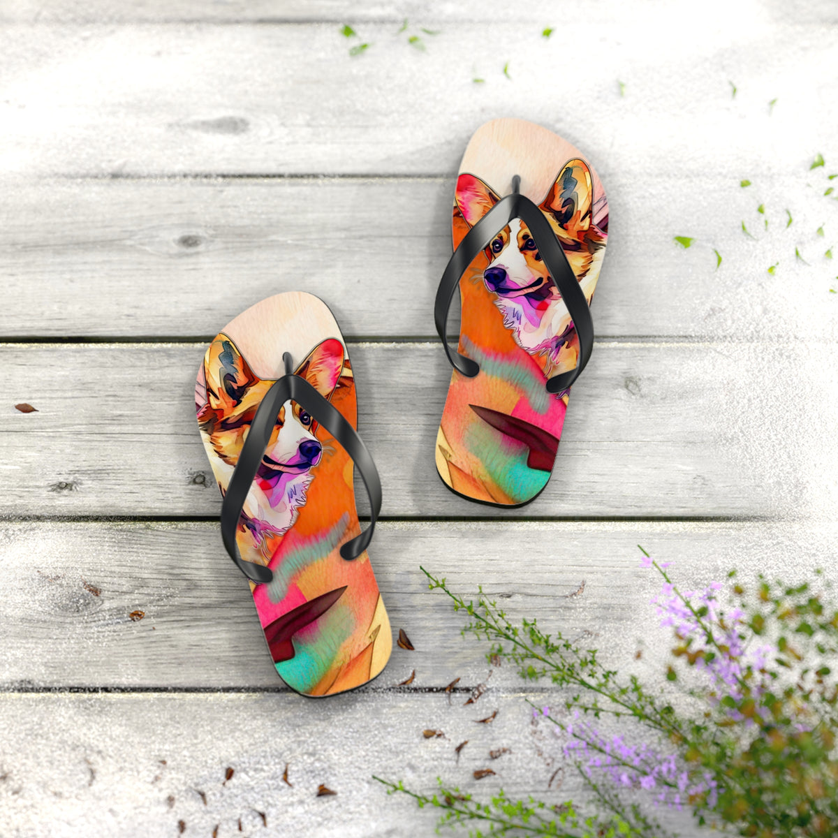 Motley Corgi Unisex Flip-Flops - Vibrant Colorful Corgi Sandals