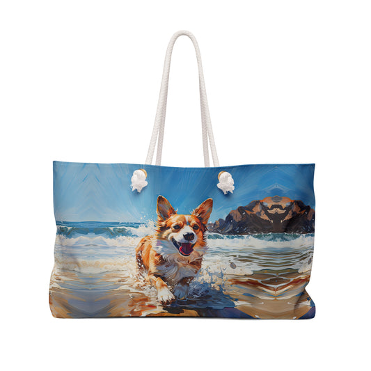 Coastal Corgi Weekender Beach Bag – Beach Themed Corgi Travel Tote