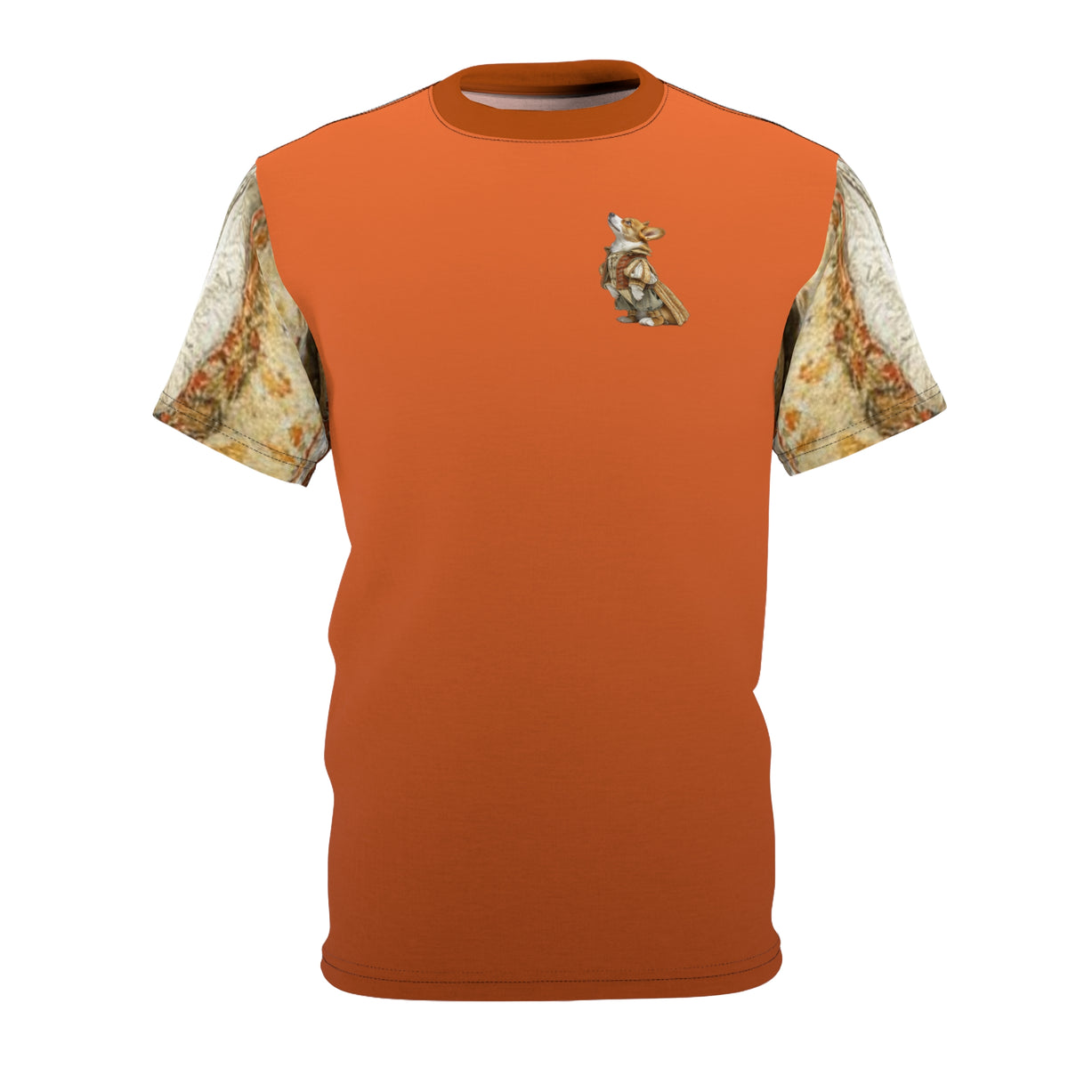Prince Corgi Unisex Bold Designer Tee — Monarch on Marquess Marmalade with Valiant Virago Sleeves