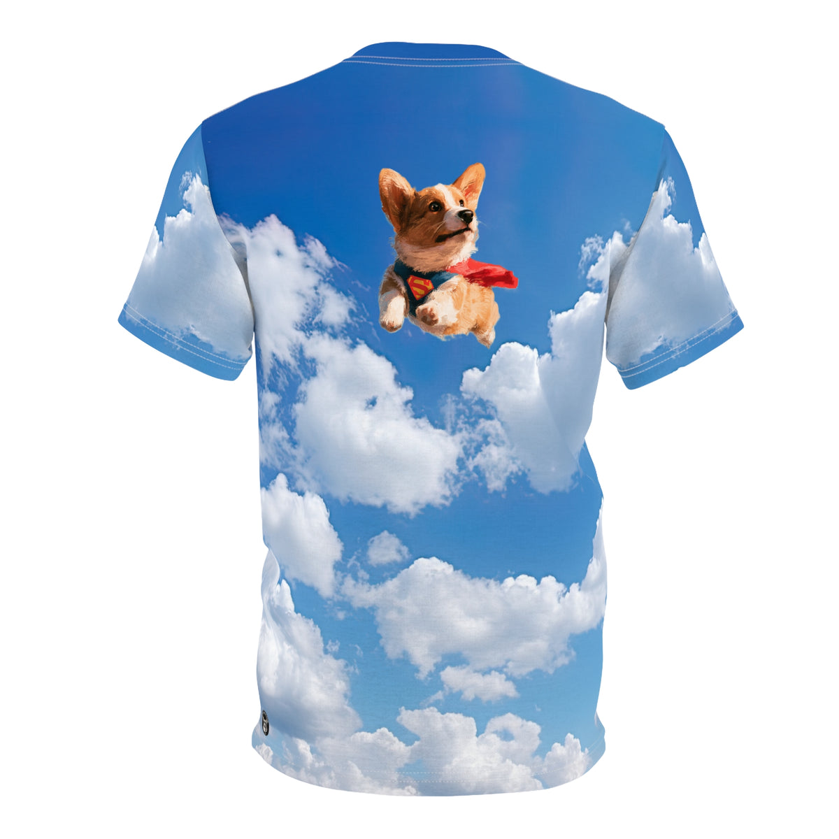 Super Corgi Unisex Bold Designer Tee - Dog Star on Cloudy Cobalt Skies