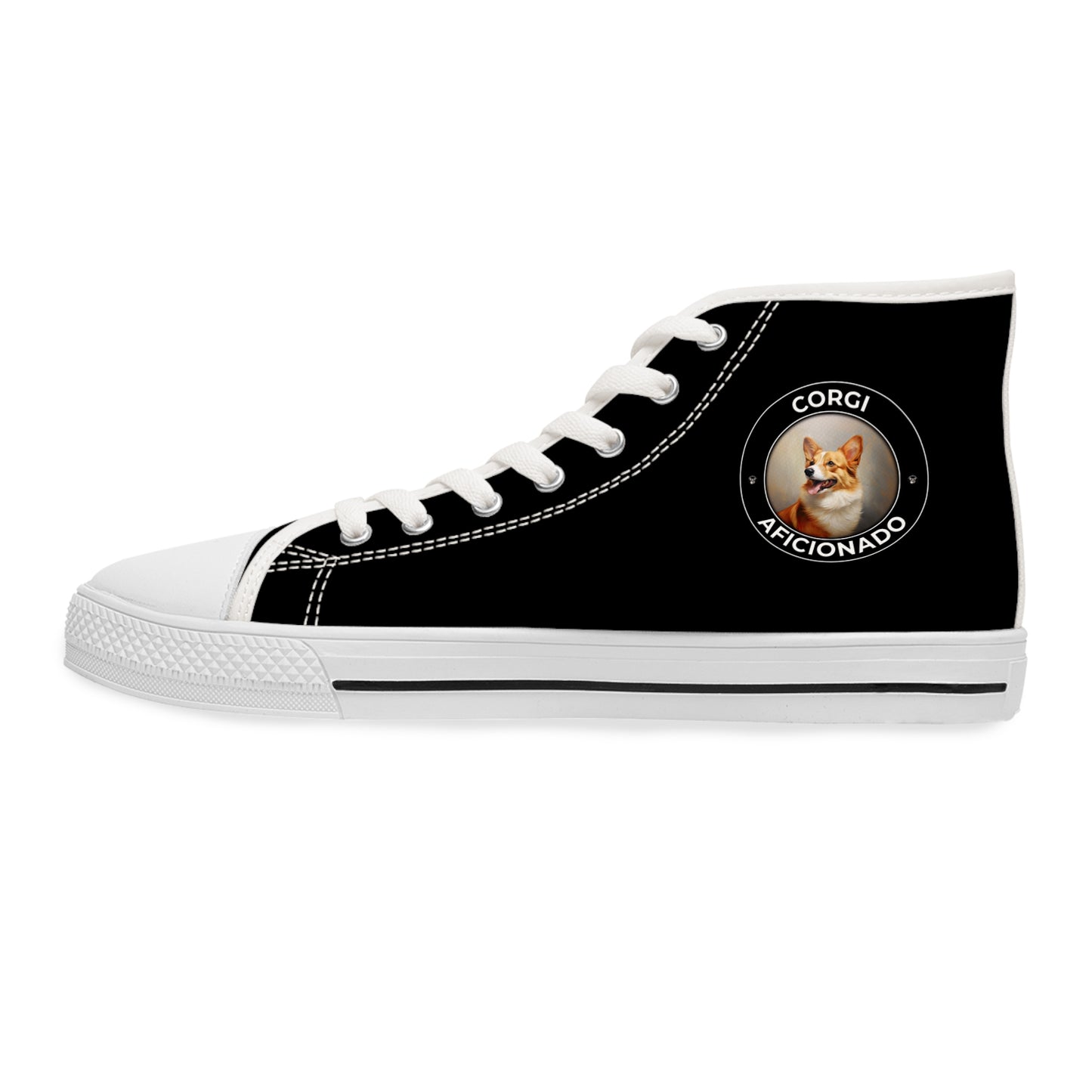 Corgi Aficionado Women's High Top Casual Black Canvas Sneakers with a Classic Corgi Portrait