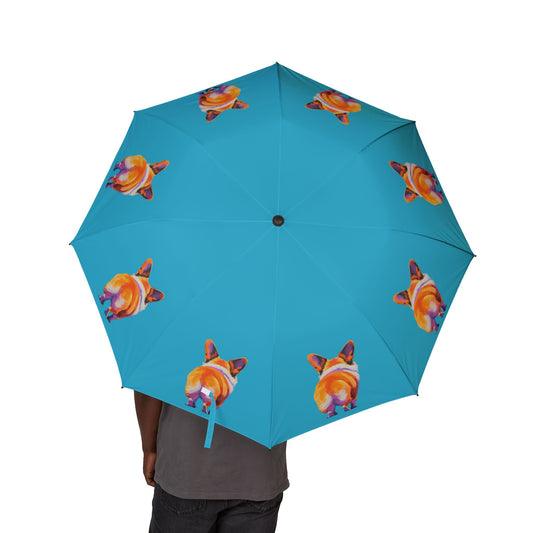 Corgi Butt Artistic Portrait Foldable Umbrella — Blue Rain Parasol