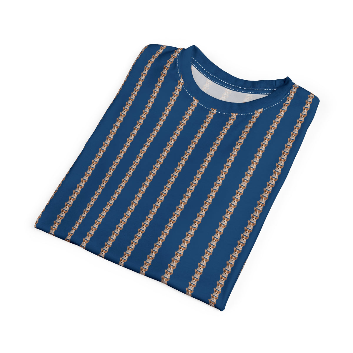 Ethereal Gaze Pinstripes Unisex Bold Designer Tee - Tiny Cute Corgi Face Motif Beyond Belief on Daytona Dusk