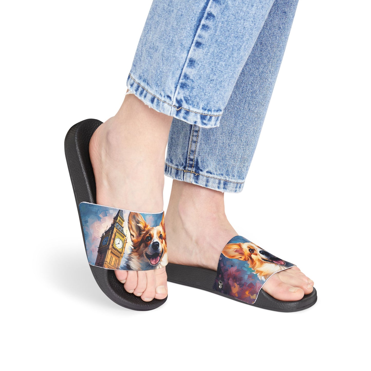 Corgi & Big Ben in London Women's Casual Multicolor Slide Sandals - Pool & Beach Slides
