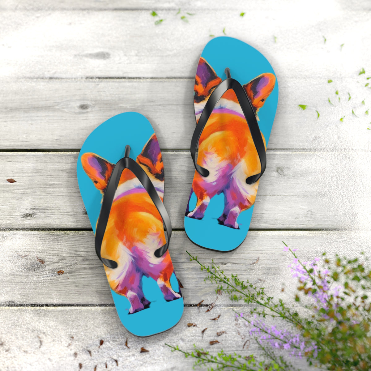 Corgi Butt Artistic Portrait Unisex Flip Flops – Blue Corgi Beach Sandals