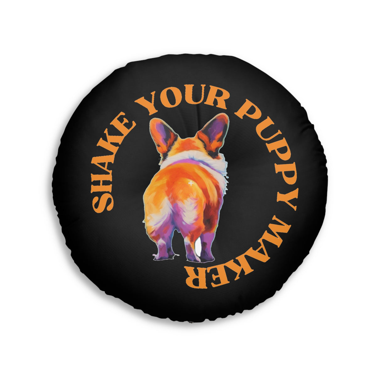 Shake Your Puppy Maker Round Floor Pillow — Black Corgi Butt Accent Cushion