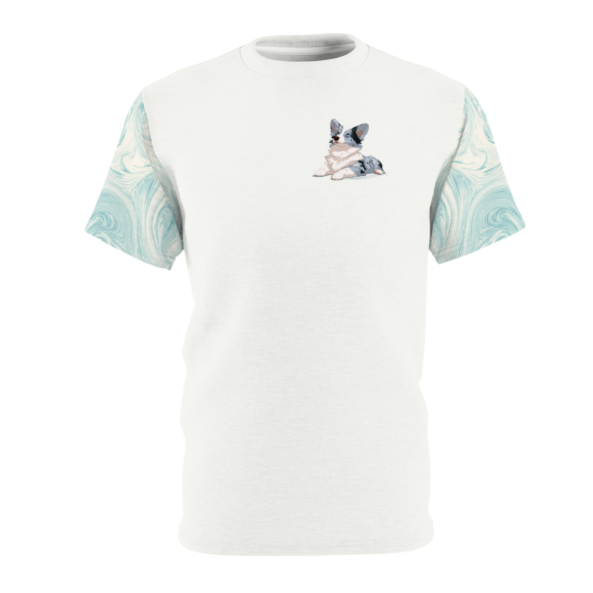 Blue Merle Majesty Unisex Bold Fashion Tee - Alabaster Cream Corgi Shirt with Swirling Aqua Sleeves