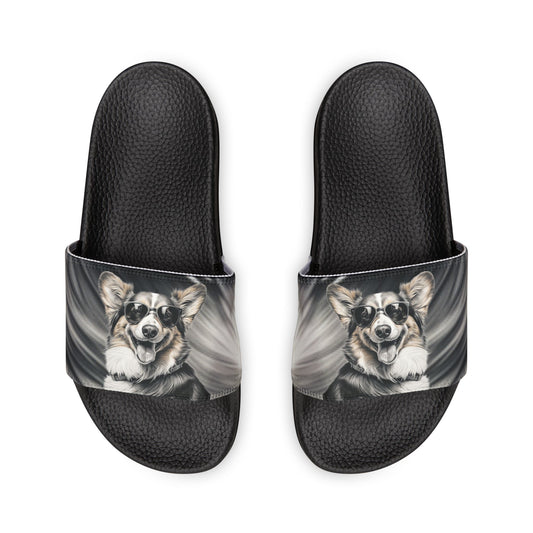Corgi Cool Portrait in Shades Women's Casual Black & White Slide Sandals - Pool & Beach Slides