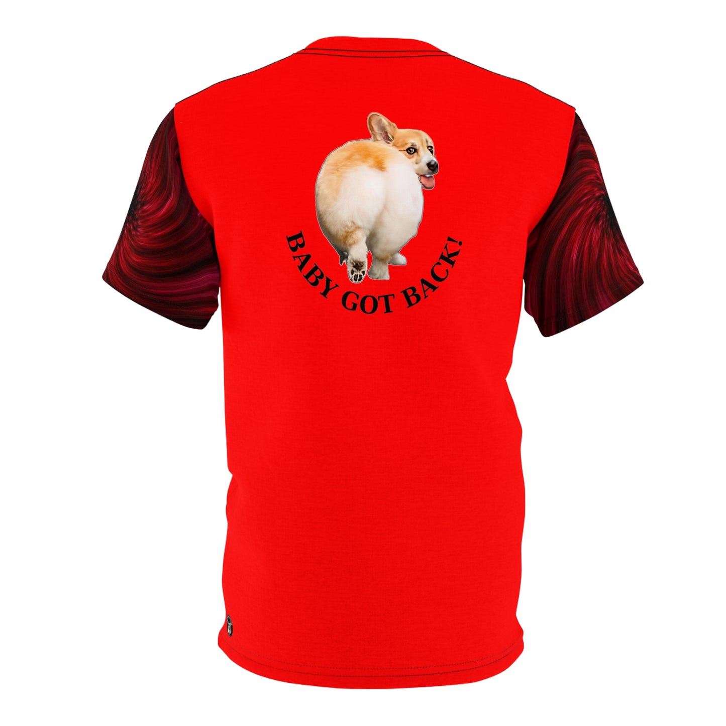 Baby Got Back Corgi Mid-Wiggle Bold Fashion Tee — Red with Black Swirling Sleeves