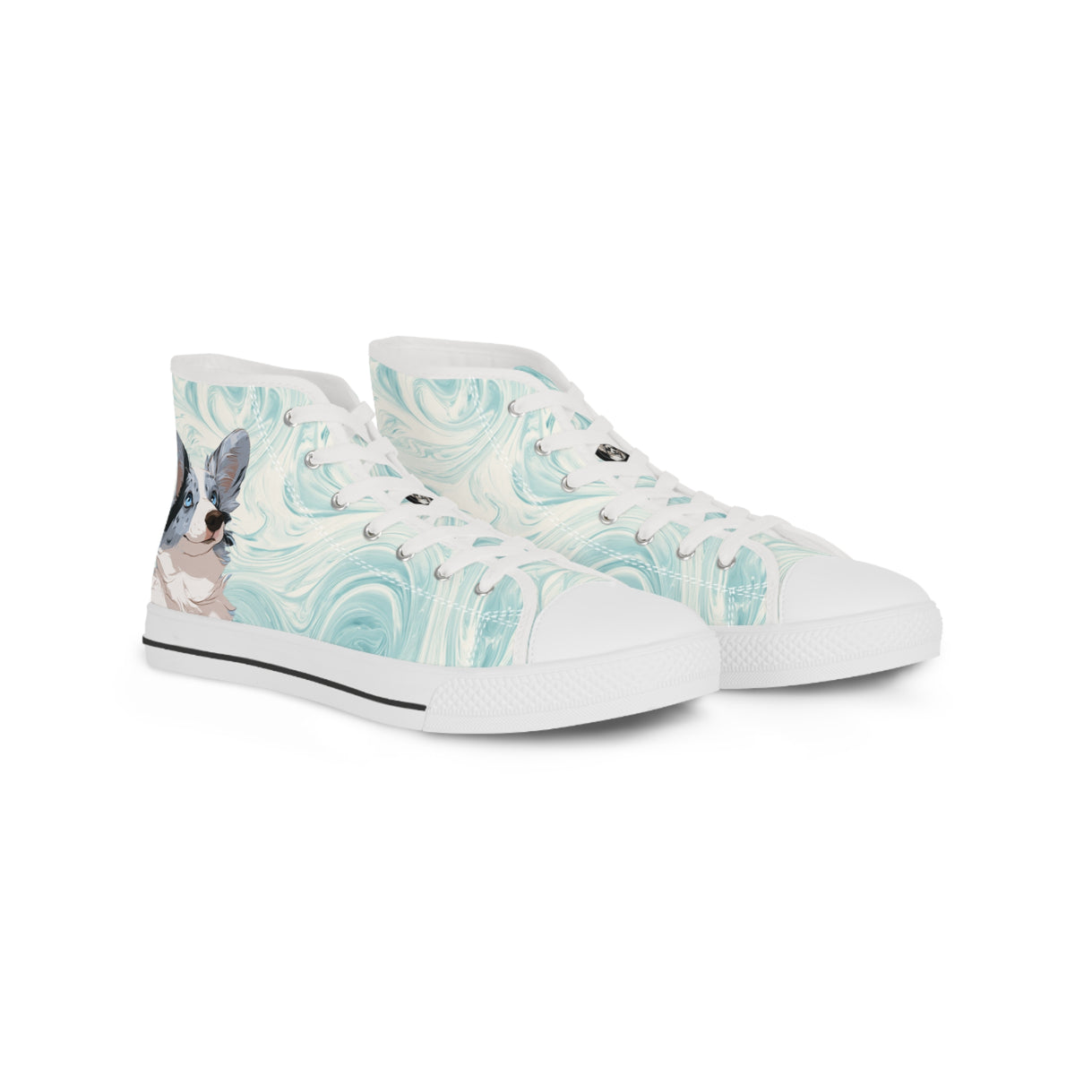 Blue Merle Majesty Men's High-Top Sneakers - Cool Blue Corgi on Swirling Aqua & Alabaster Cream Canvas