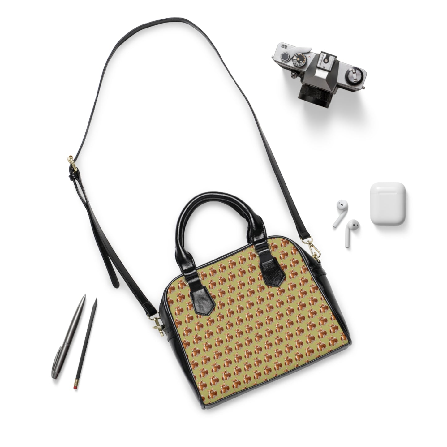 Butt What? Talk To The Butt Contemptuous Corgi Mosaic Pattern Khaki Shoulder Handbag