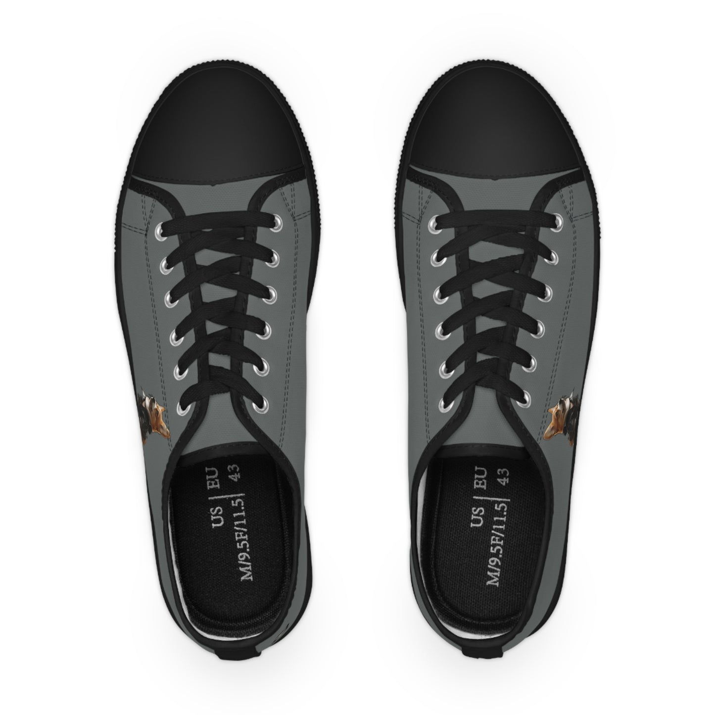 Leader of the Pack Men's Low Top Casual Charcoal Sneakers with a Leather-Clad Corgi