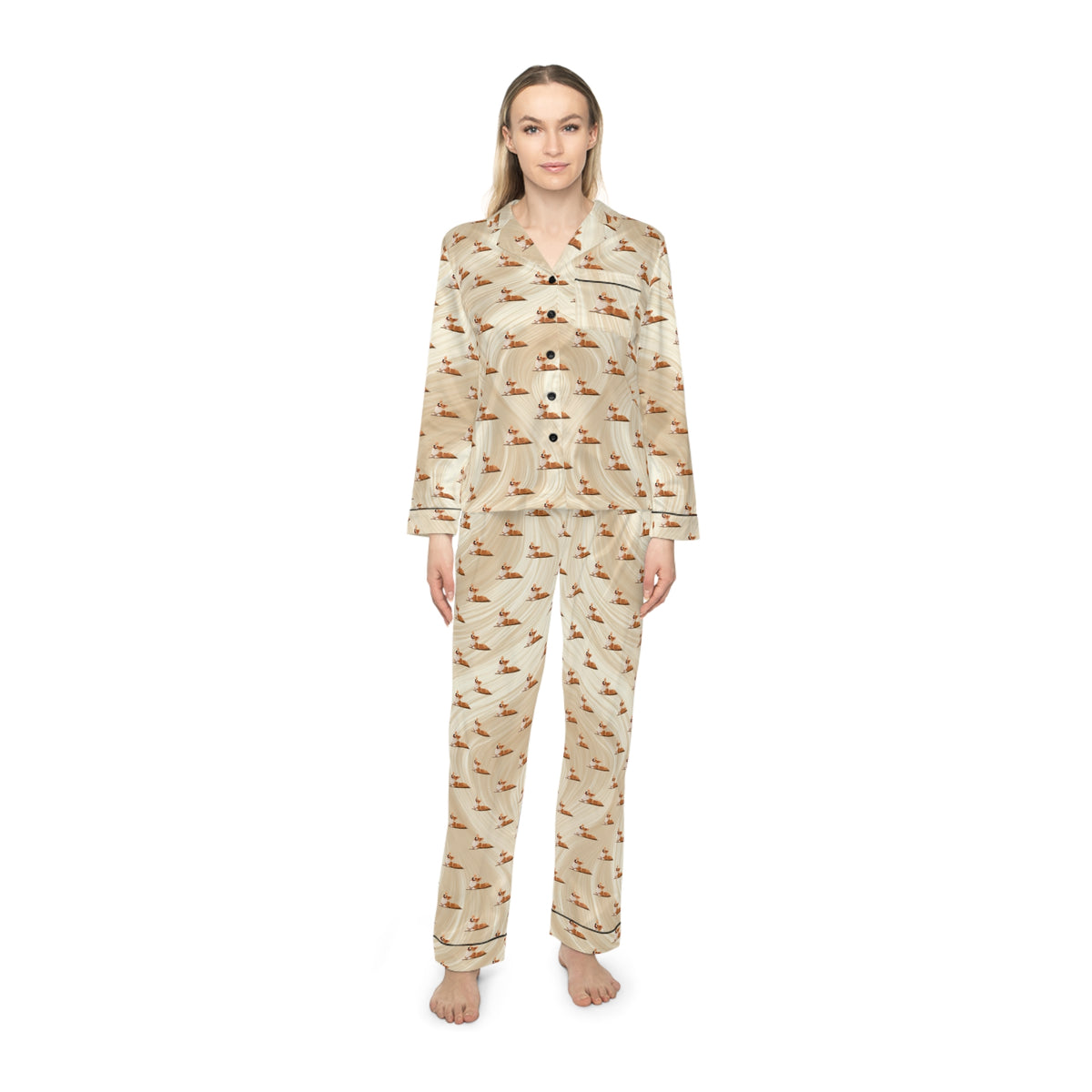 Giddy Sploot Silky Pajamas - Creamy Champagne Corgi Loungewear