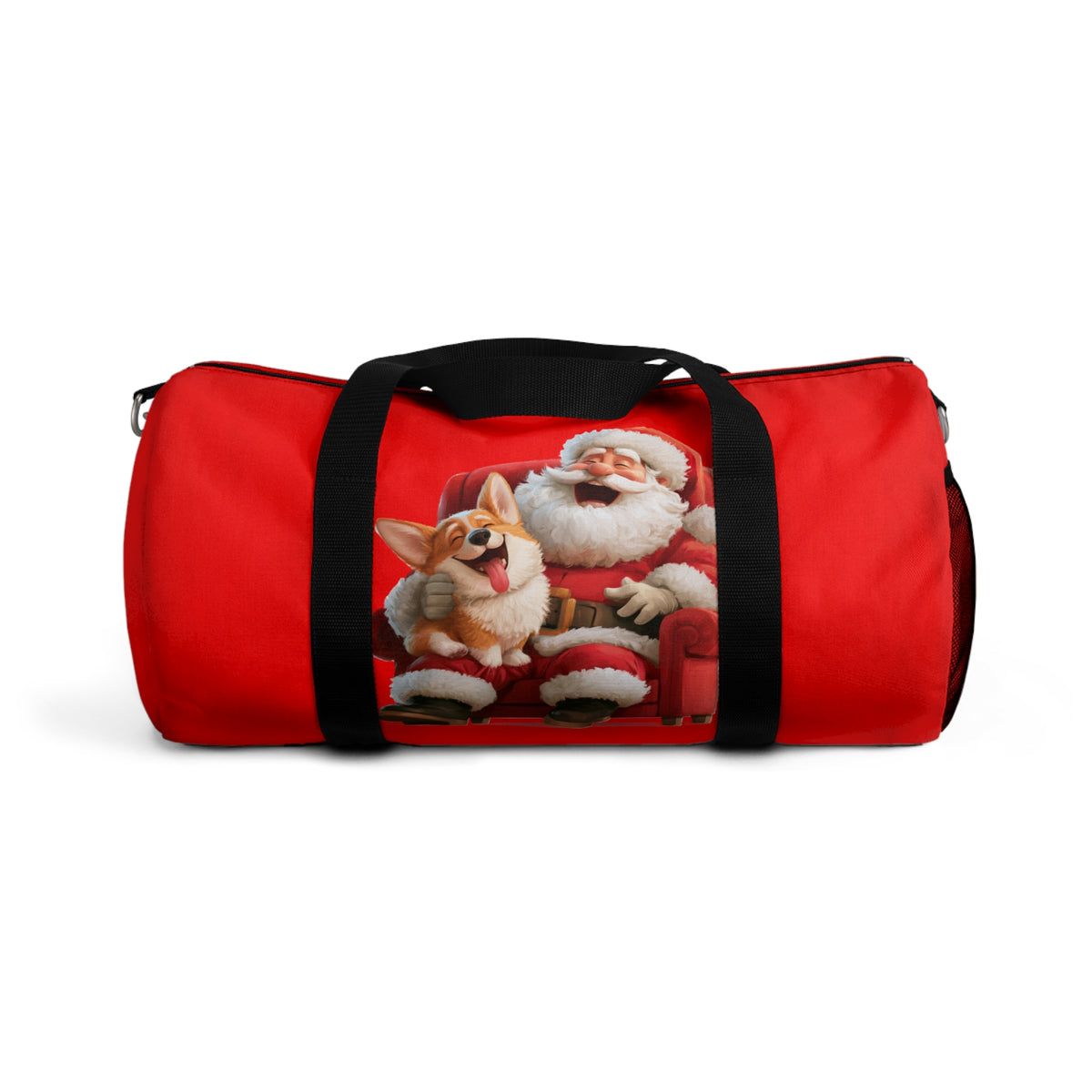 Christmas Corgi Sitting on Santa's Lap Duffel Bag - Festive Red Holiday Corgi Travel Gym Bag