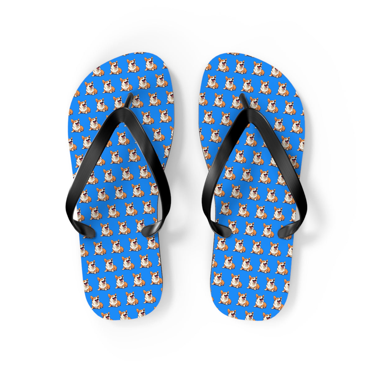 Comical Corgi All Smiles Repeater Pattern Artistic Unisex Flip Flops — Cute & Funny Corgi Themed Blue Sandals