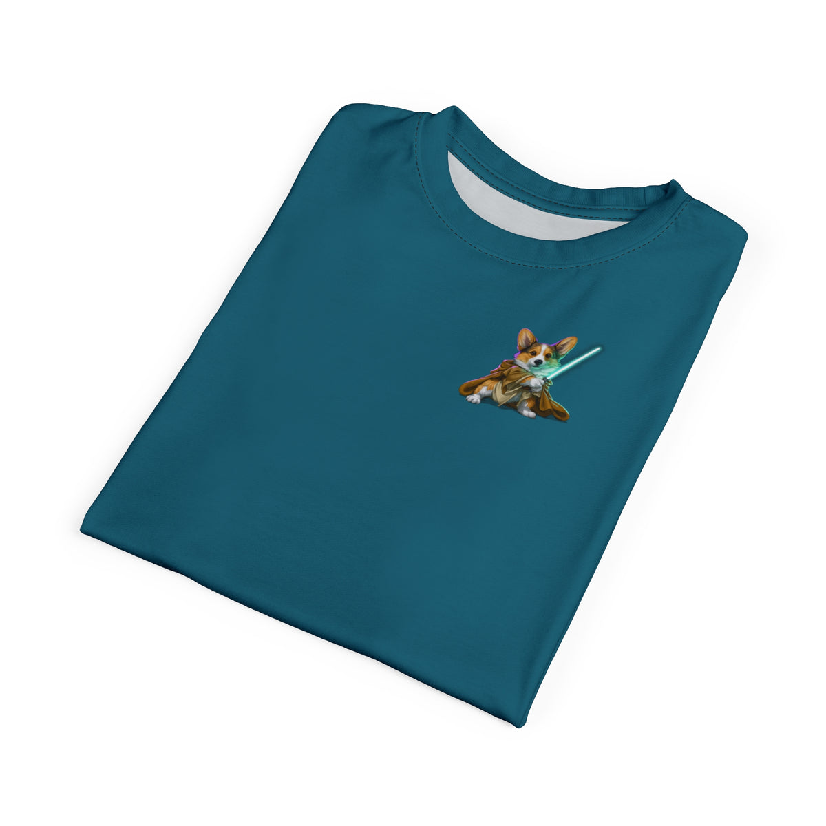 Astral Acolyte Unisex Bold Designer Tee — Corgi Neophyte on Andromeda Aqua with Galactic Swirl Sleeves (Part of the Astral Warrior Collection)