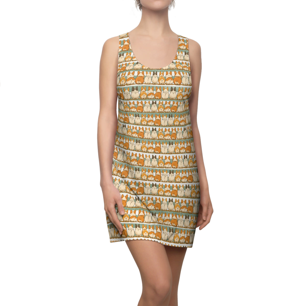 Bottom Line Racerback Sundress - Sage Green Striped Corgi Backsides Casual Dress