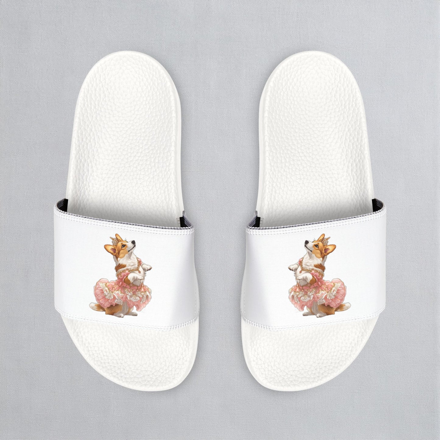 Princess Corgi White & Rose Women's Slide Sandals - Casual Pool & Beach Slides
