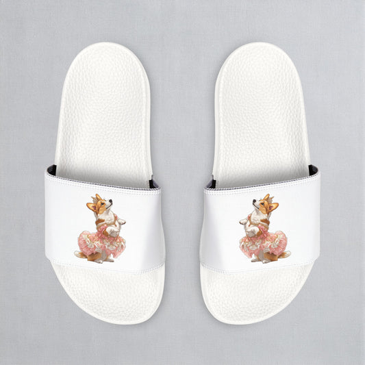 Princess Corgi White & Rose Women's Slide Sandals - Casual Pool & Beach Slides
