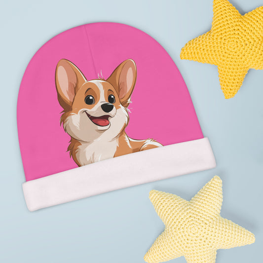 Cuddly Corgi Puppy Animation Hot Pink Baby Beanie