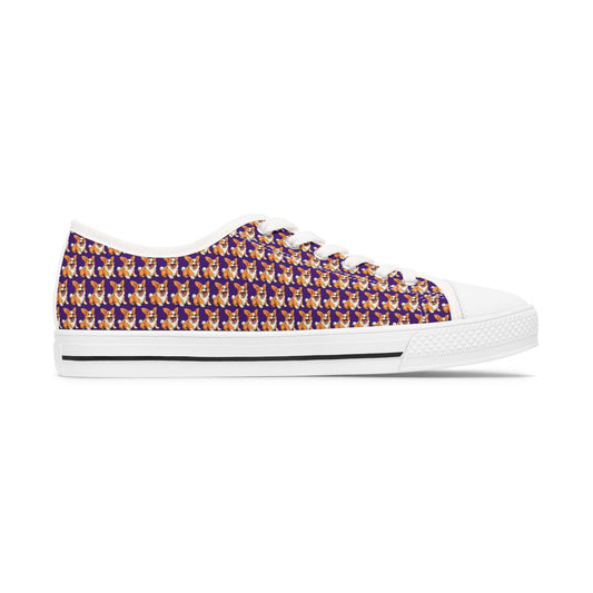 Jolly Jiggling Corgi Purple Houndstooth Pattern Style Women's Low Top Canvas Sneakers