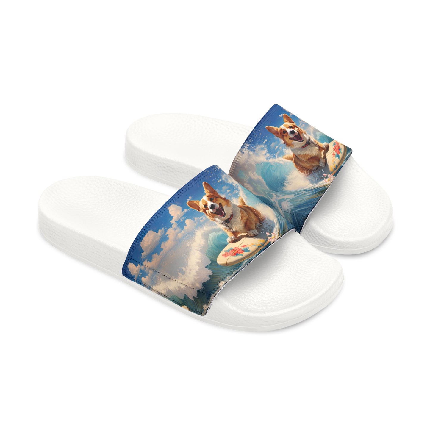 Cowabunga Corgi Big Blue Ocean Wave Women's Slide Sandals - Casual Pool & Beach Slides
