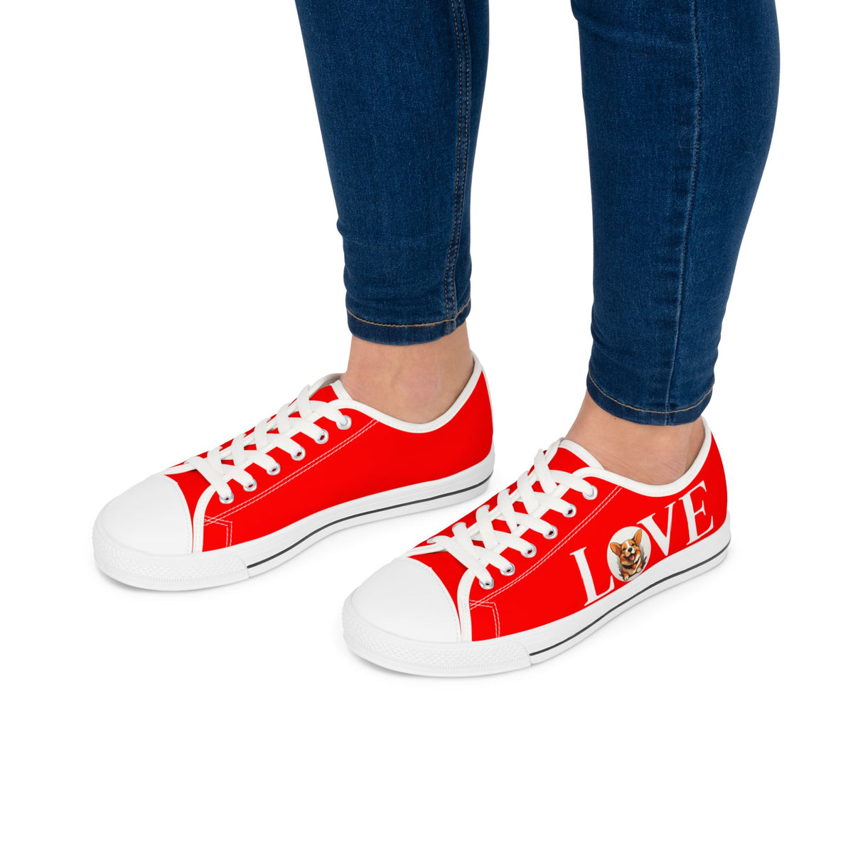 LOVE Corgi Women's Low Top Casual Sneakers on Red Canvas