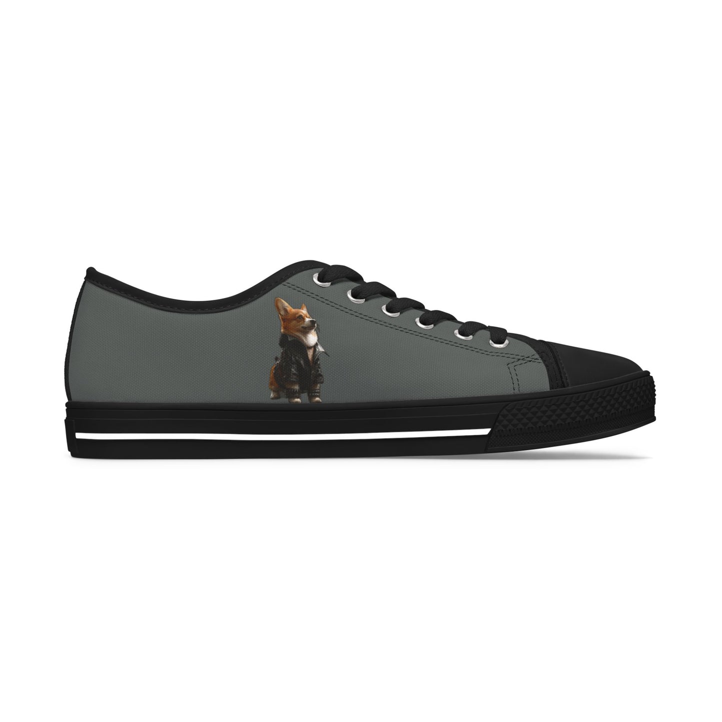 Leader of the Pack Women's Low Top Casual Charcoal Sneakers with a Leather-Clad Corgi