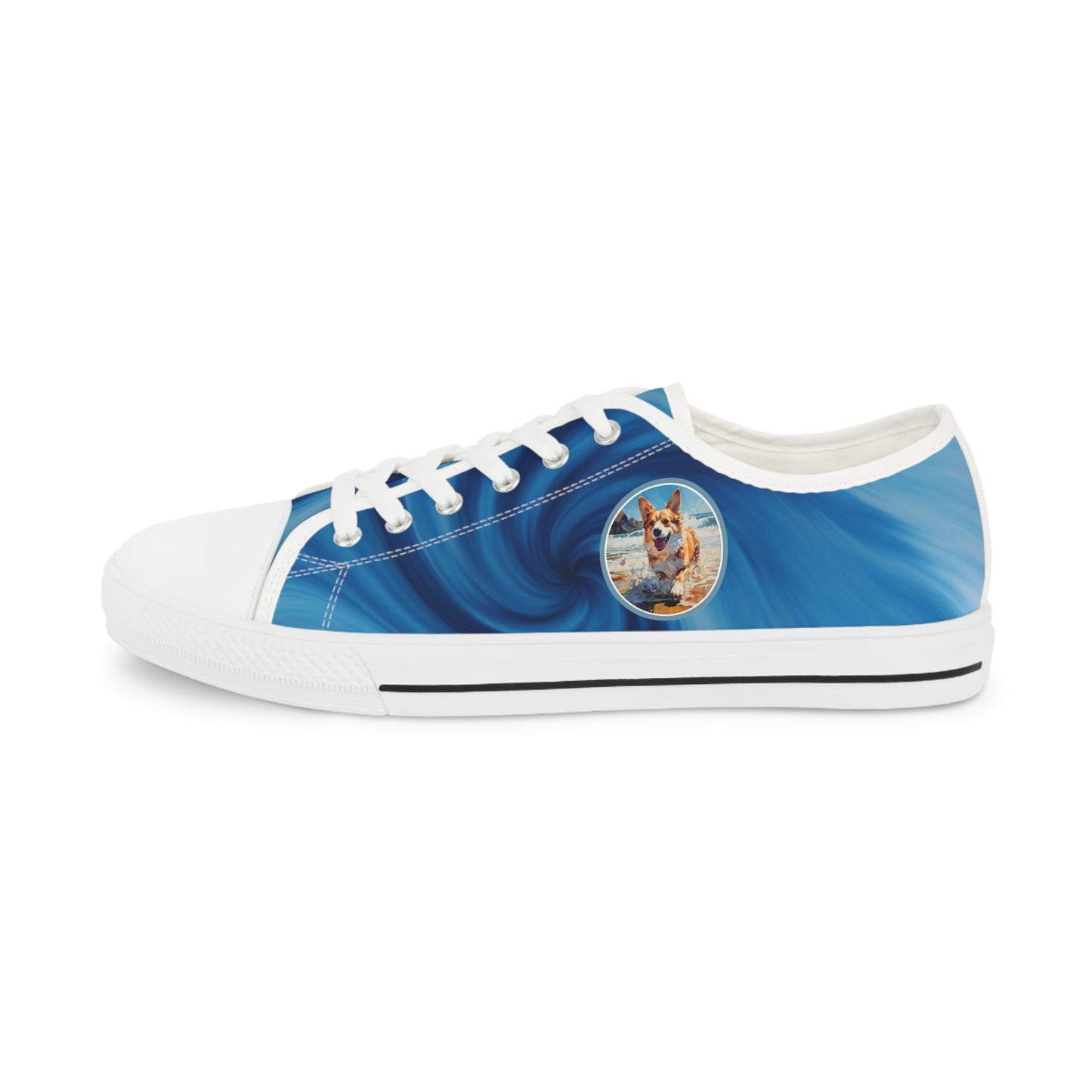 Coastal Corgi Blue Swirl Men's Low Top Casual Canvas Sneakers