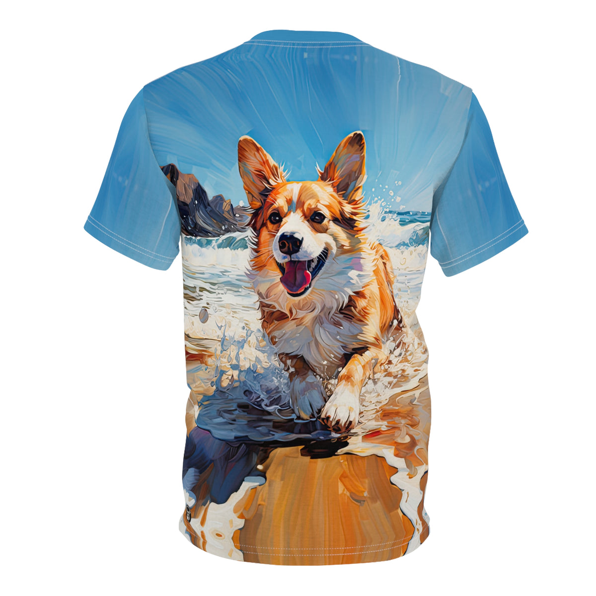 Coastal Corgi Unisex Bold Fashion Tee - Splish-Splash-Sploot! Corgi Beach Day with a Maliblue Hue