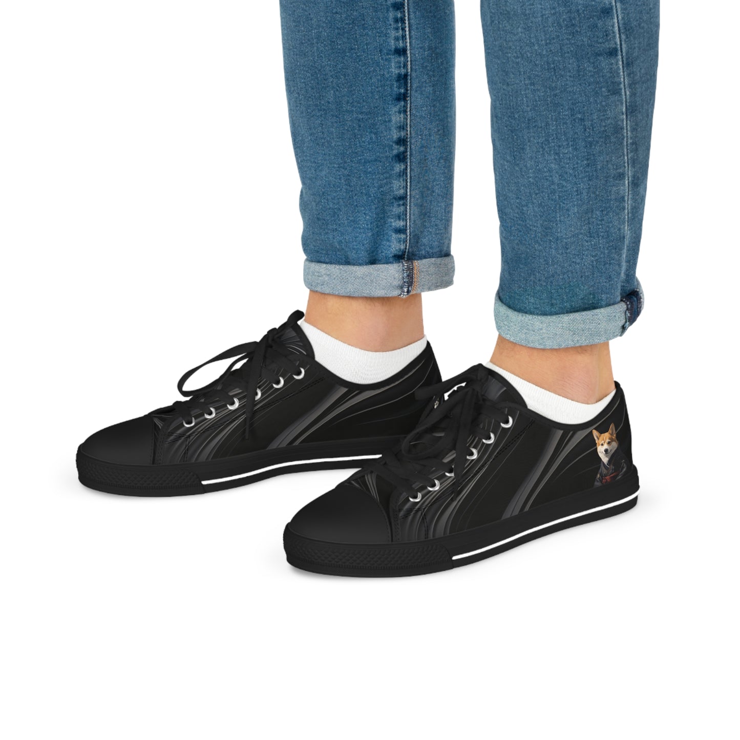 Samurai Corgi Black Swirl Men's Low-Top Casual Canvas Sneakers