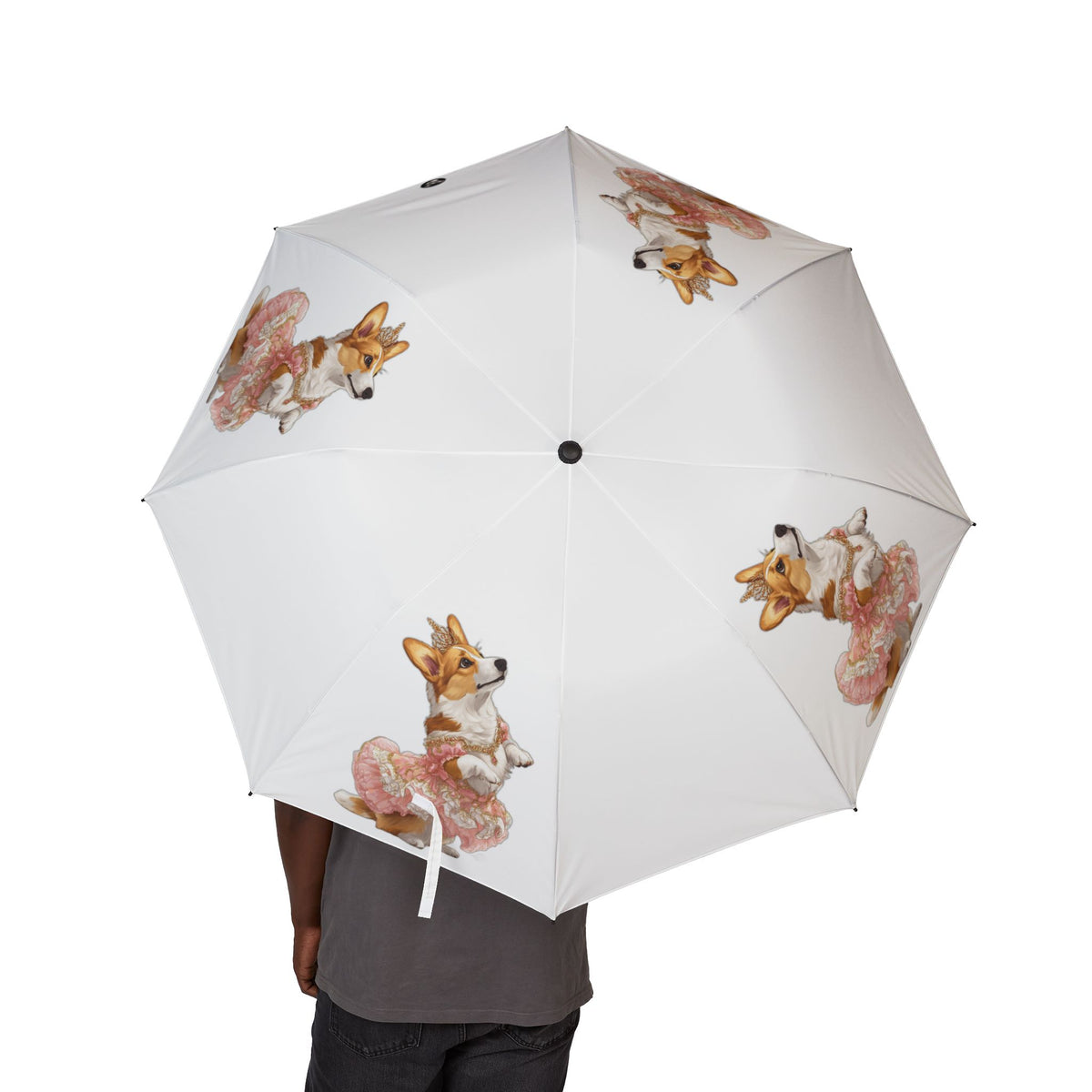 Princess Corgi in Pink Floral Dress Foldable Umbrella — Compact Semi‑Automatic Rain Parasol