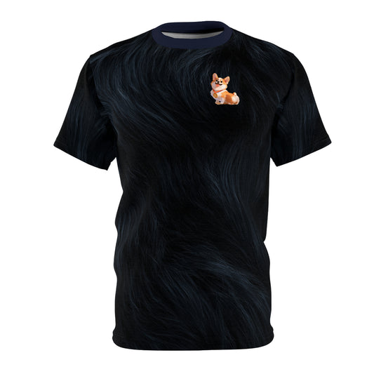 Gold Medal Momo Unisex Bold Designer Tee - Corgi Honor on Monarch Navy with Flowing Fur-Effect