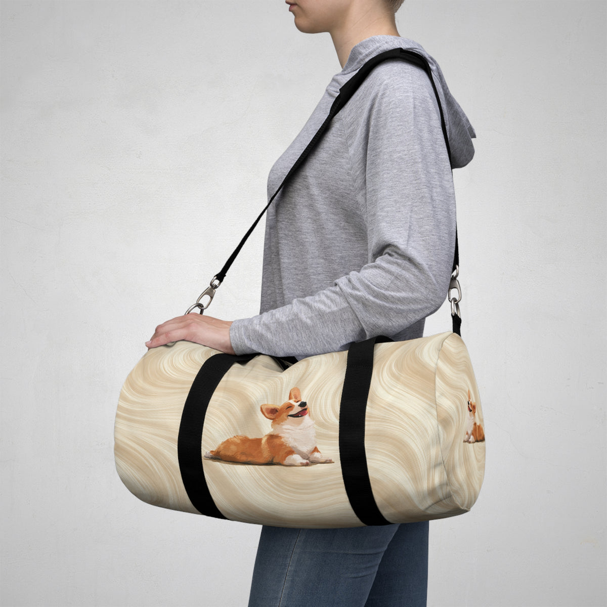 Giddy Sploot Duffel Bag - Creamy Champagne Corgi Travel Gym Bag