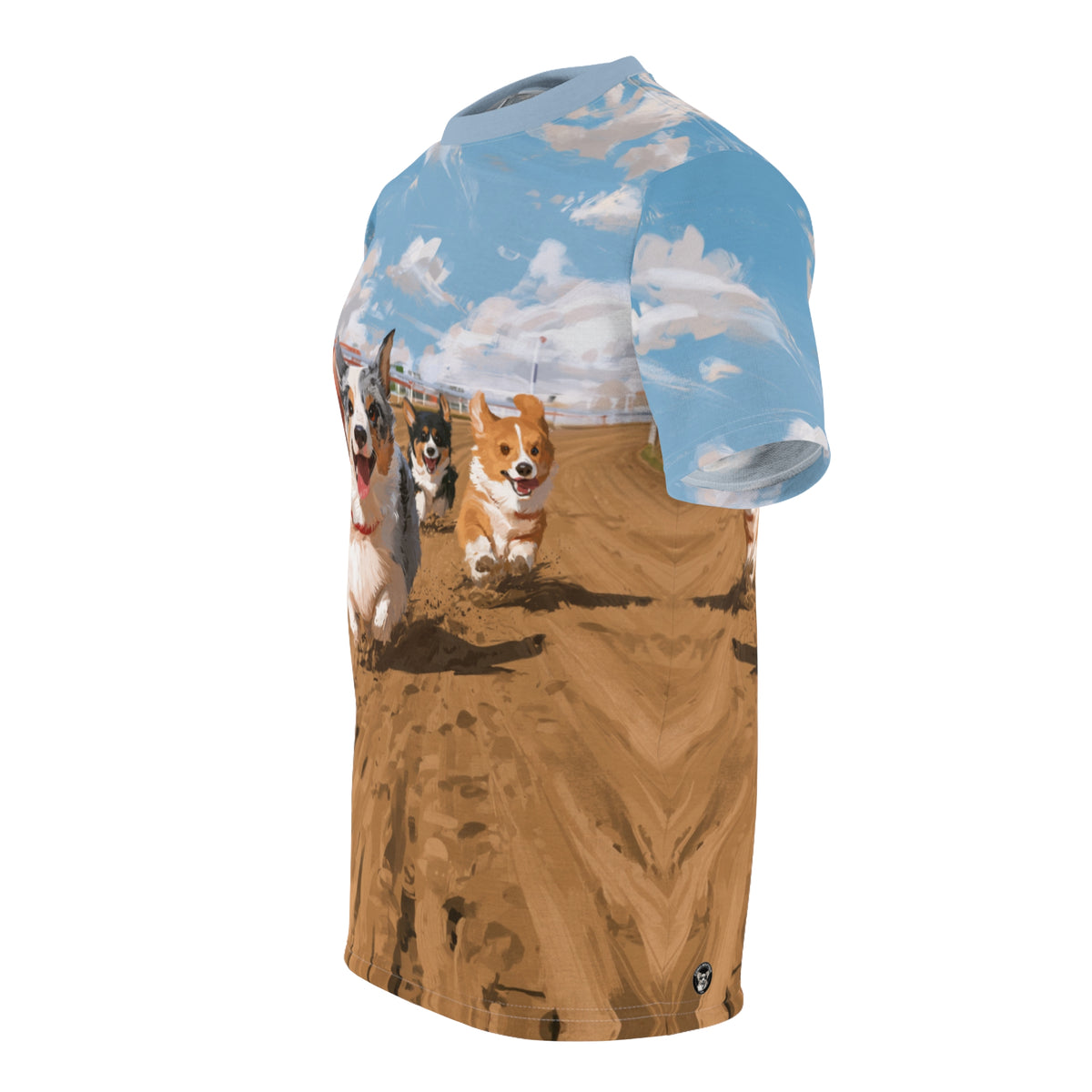 Off to the Races Unisex Bold Designer Tee - Corgi Racing Under Breezy Blue Skies
