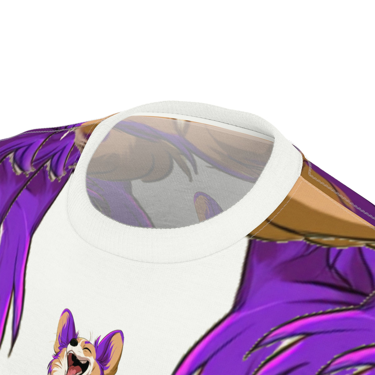 Purple Patch Unisex Bold Designer Tee — Carefree Corgi on Marzipan White with Very Violet Fur-Effect Sleeves & Shoulders