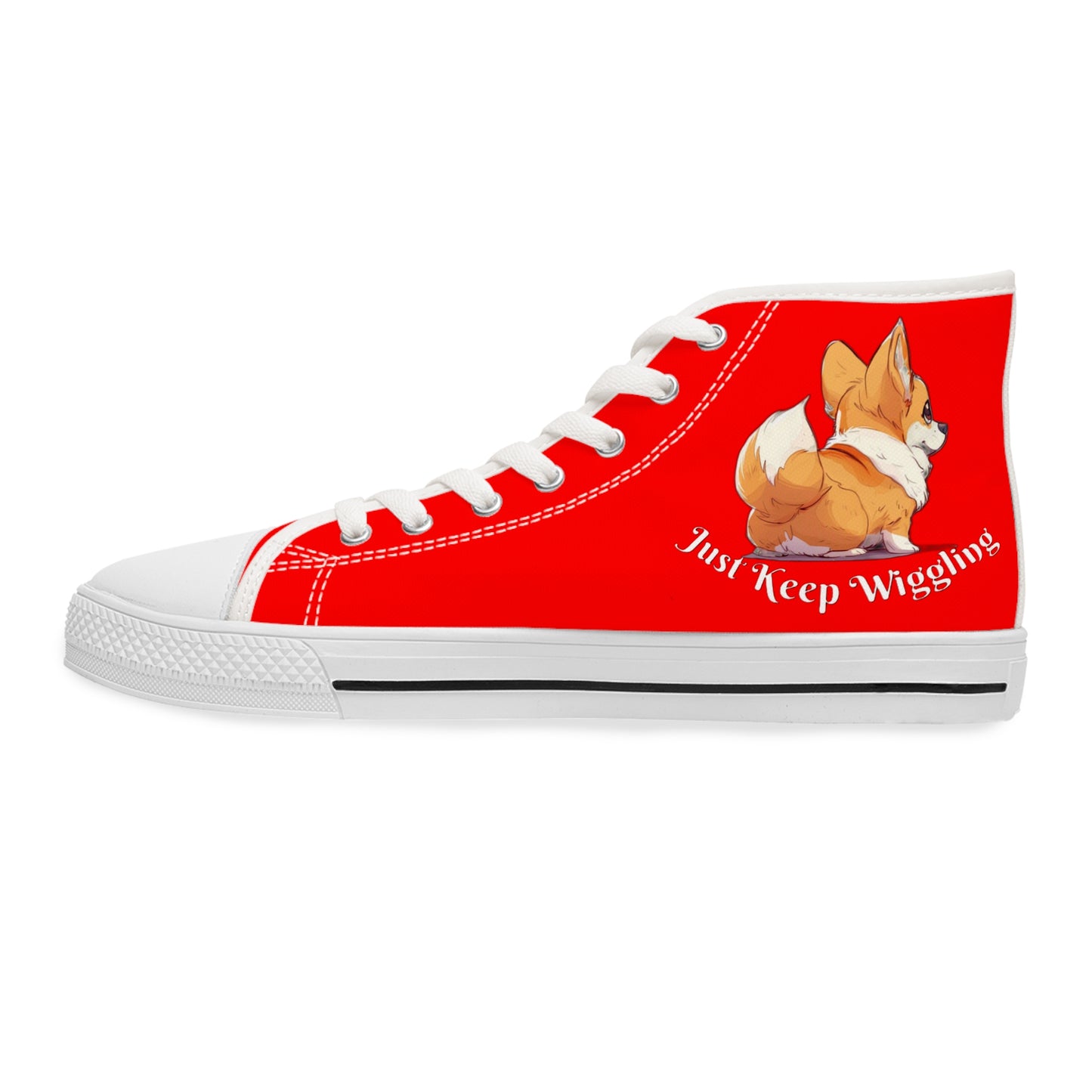 Just Keep Wiggling Women's High Top Casual Red Canvas Sneakers - Cute Corgi Illustration