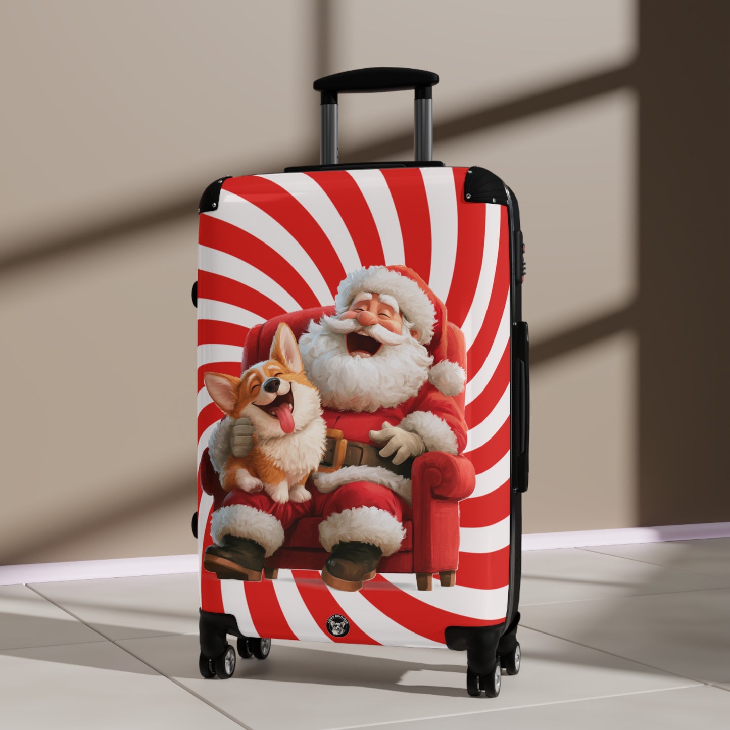 Christmas Corgi Sitting On Santa's Lap Suitcases — Holiday Luggage with Festive Candy-Cane Design