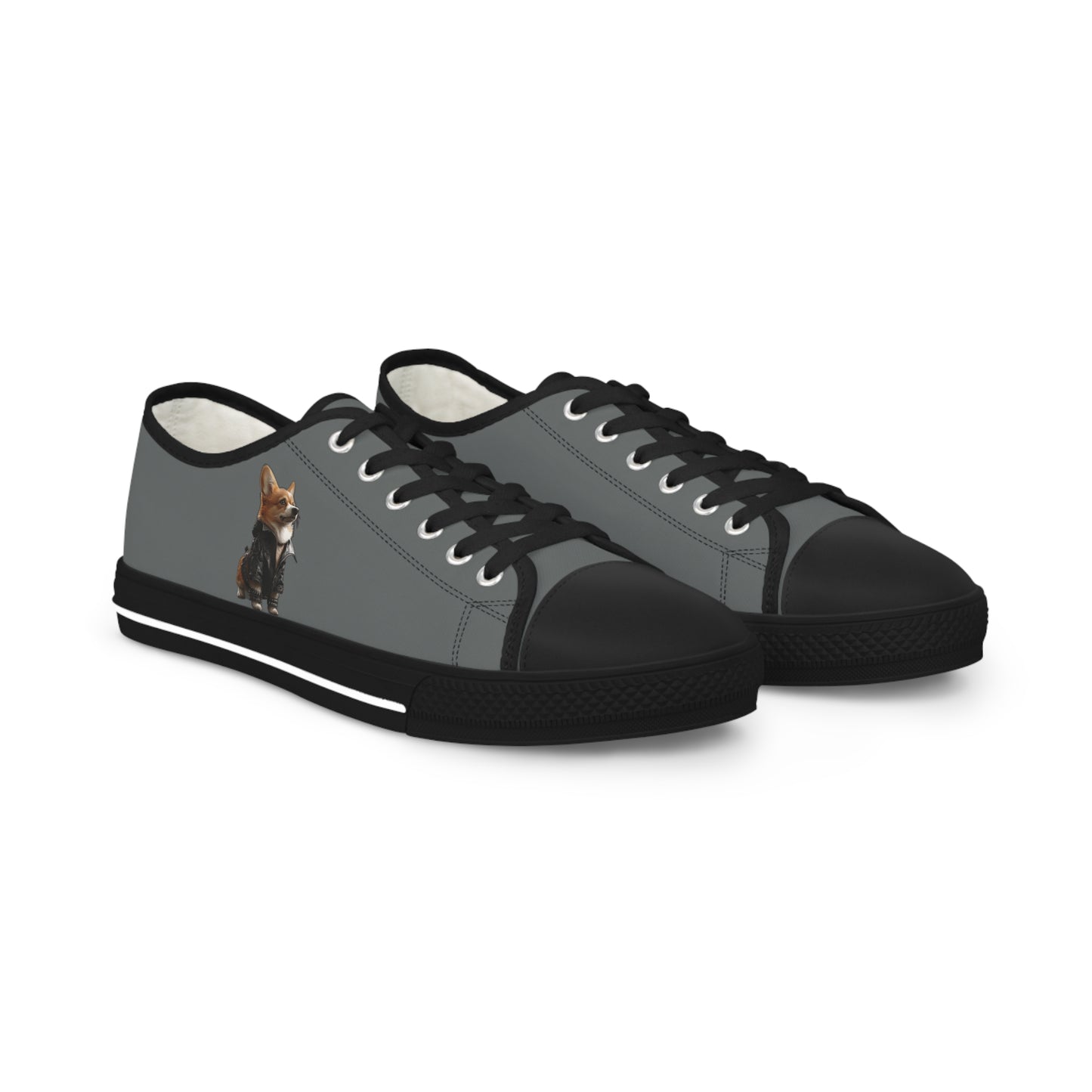 Leader of the Pack Men's Low Top Casual Charcoal Sneakers with a Leather-Clad Corgi