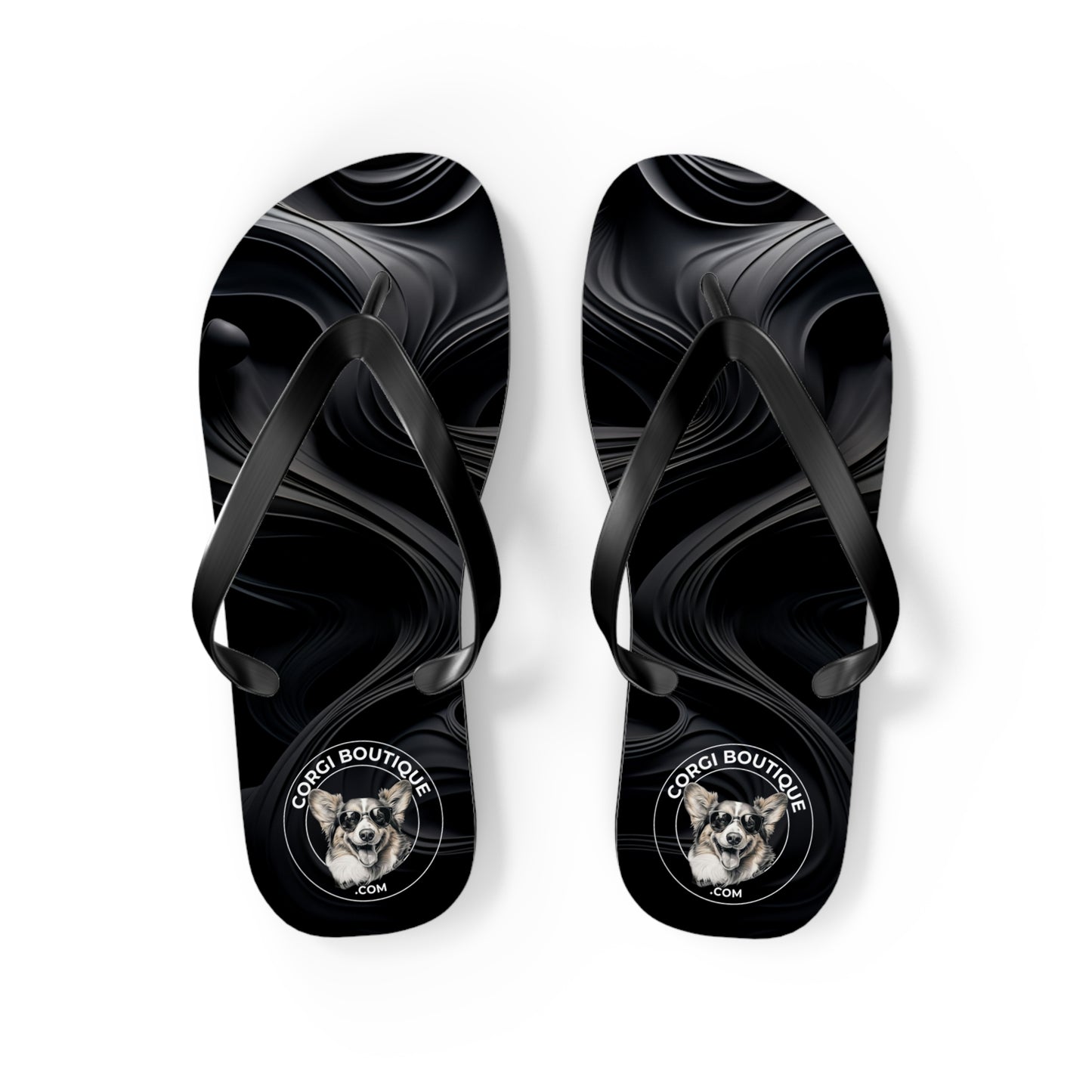 Corgi Boutique Black Swirl Flip Flops with our Custom Logo — Stylish Beach & Pool Sandals