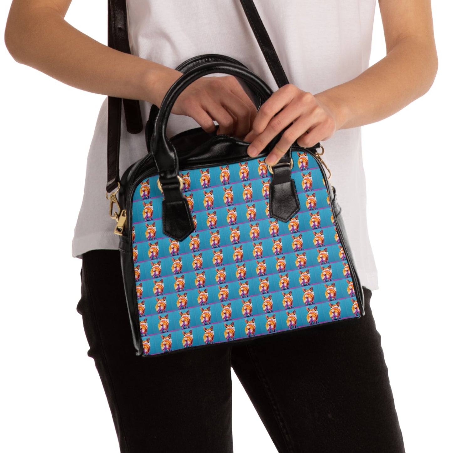 Corgi Butt Mosaic Pattern Blue & Black Shoulder Handbag